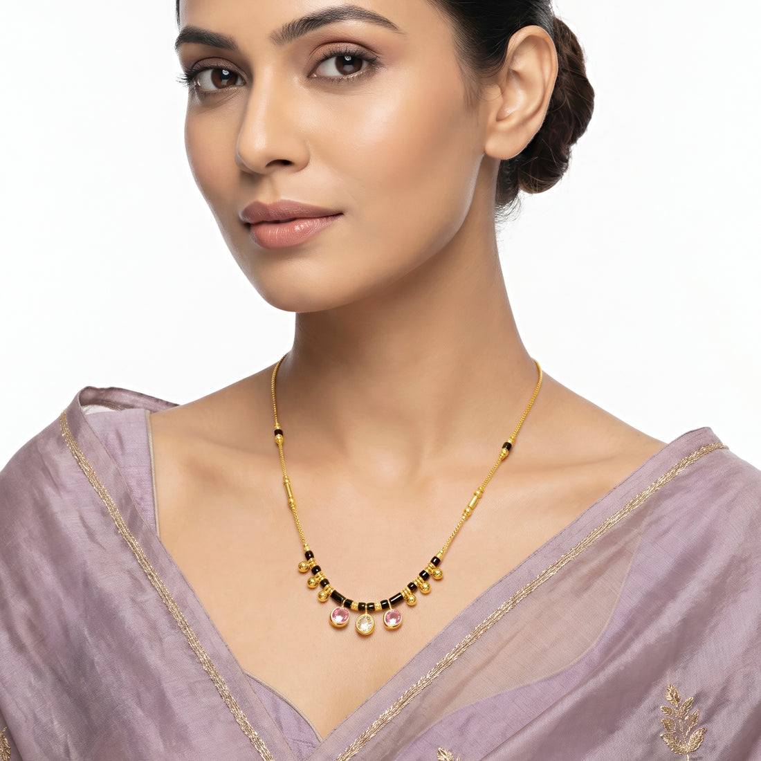 PRAO Necklace Anti-Tarnish Pink Crystal Stone Charm Black Bead Mangalsutra