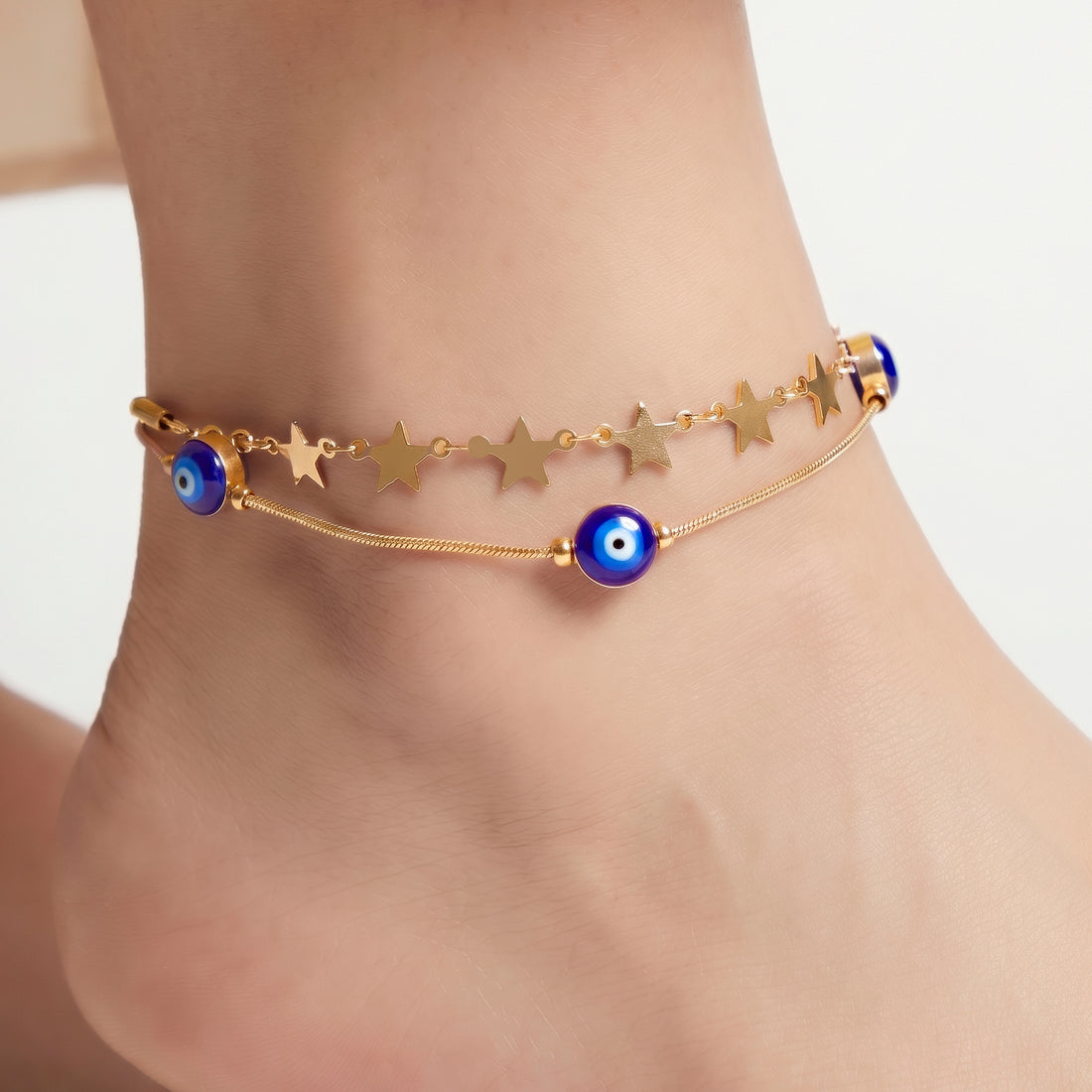 PRAO Anklet Anti-Tarnish Snake Chain With Star Charms And Blue Evil Eye Beads