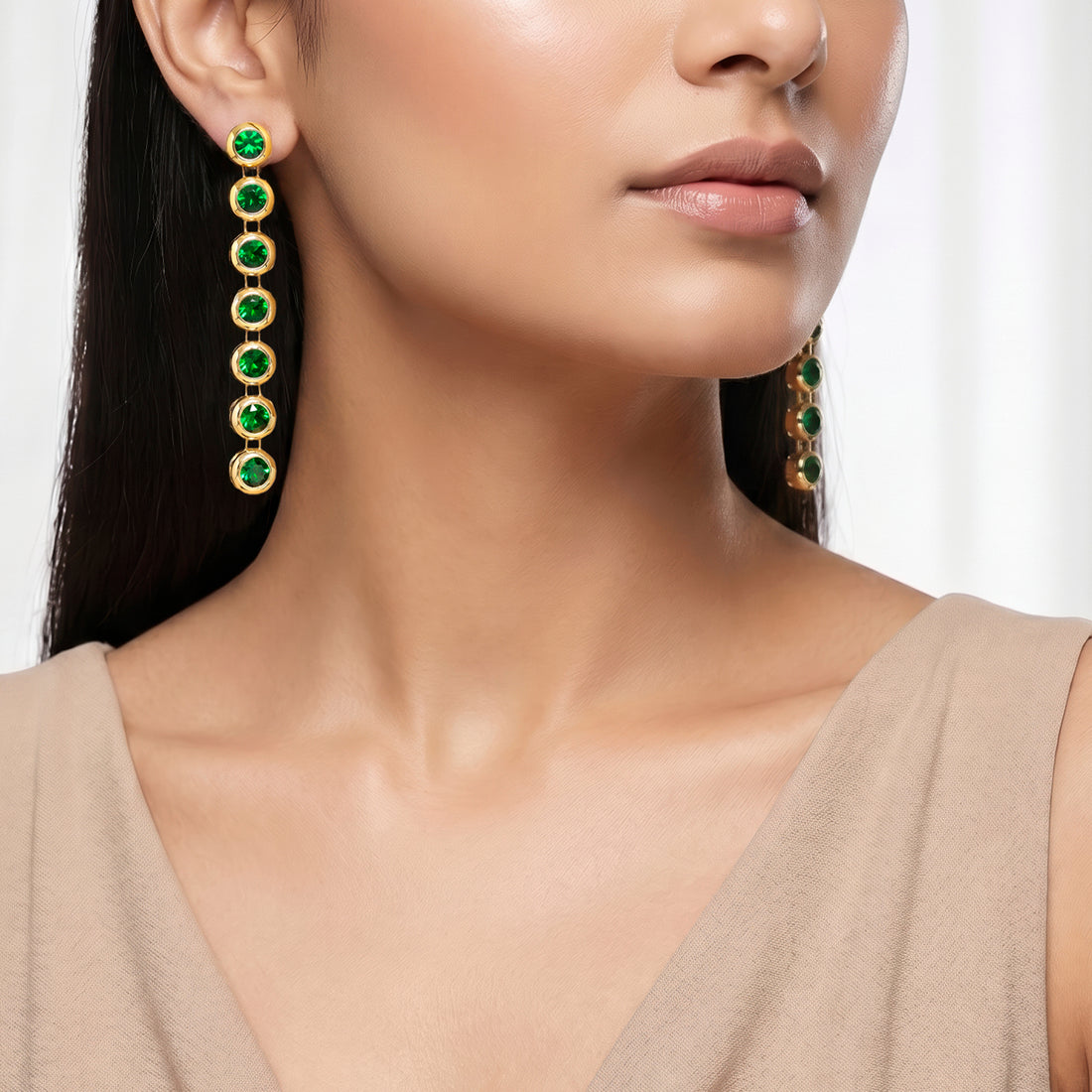 PRAO Earrings Anti-Tarnish Linear Drop With Emerald Crystals