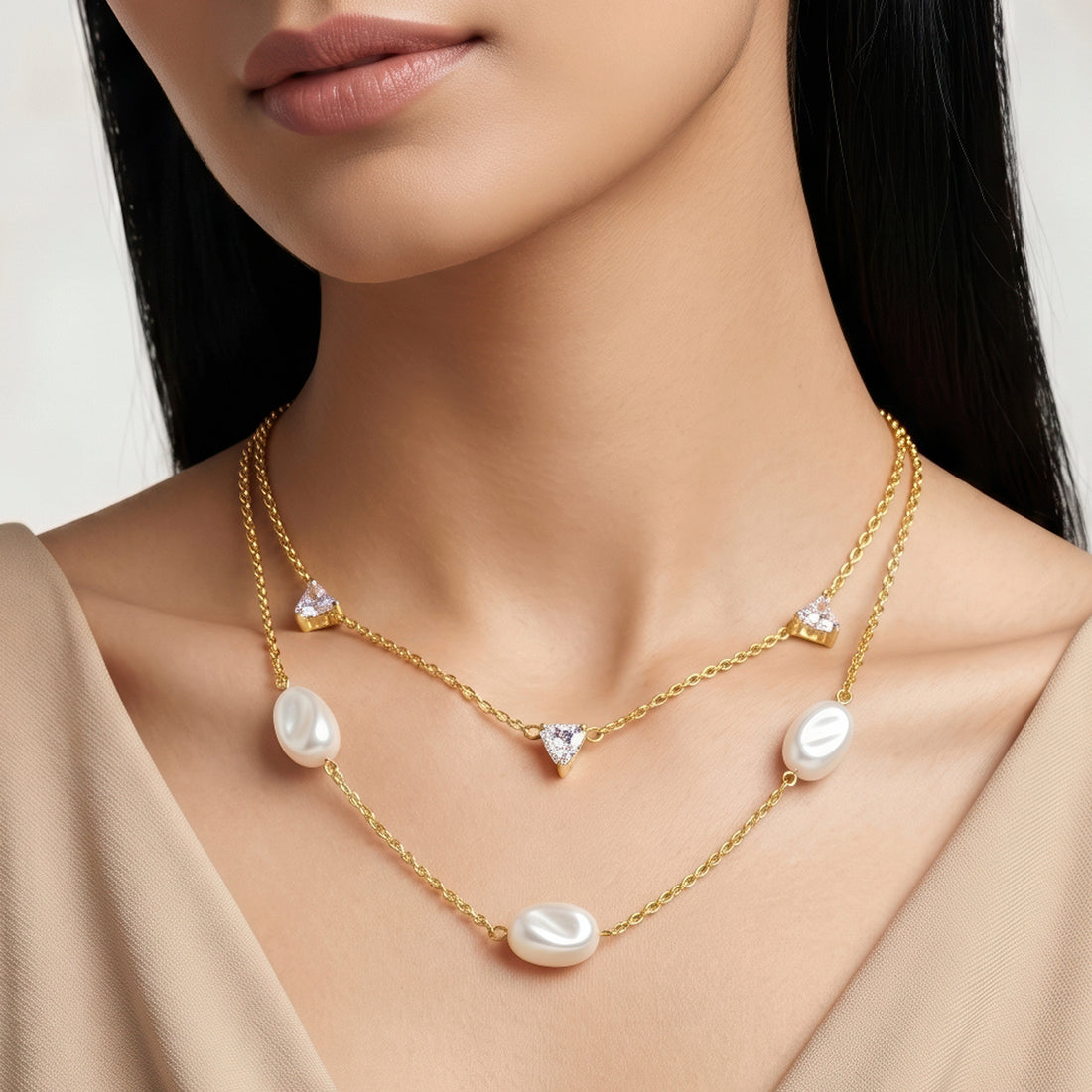 PRAO Necklace Anti-Tarnish Double-Strand Pearl & Trillion Crystal Chain