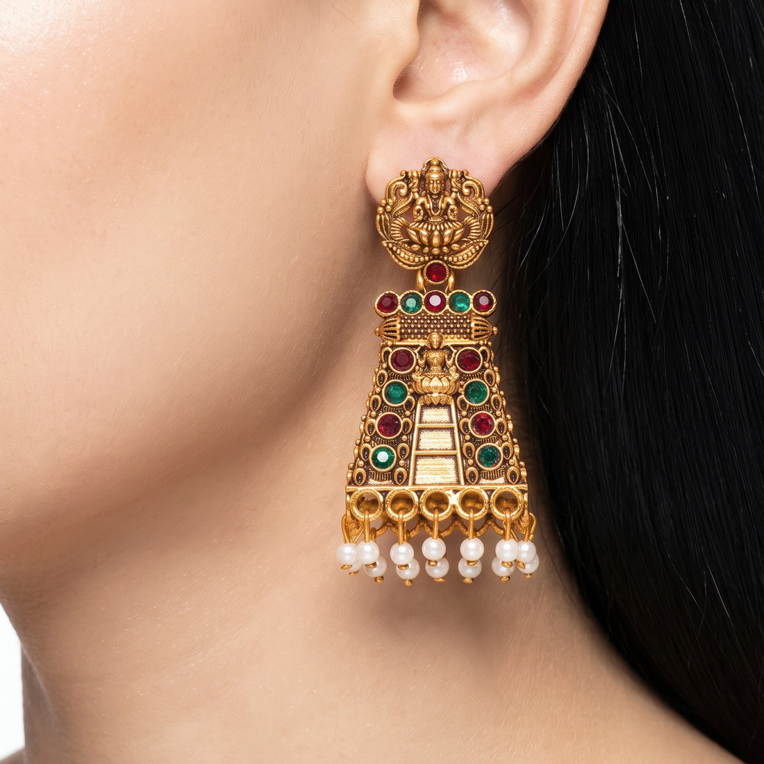 PRAO Earrings Anti-Tarnish Temple-Inspired Design With Goddess Lakshmi, Red and Green Stones, and Seed Pearls