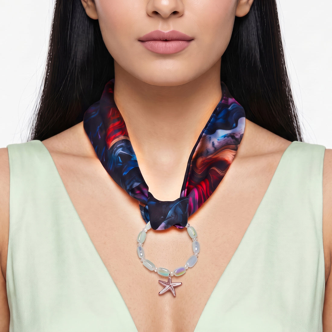 PRAO Necklace Cum Bracelet Anti-Tarnish Abstract Marble Neck Scarf With Double Strand Iridescent Beaded And Pink Starfish Charm