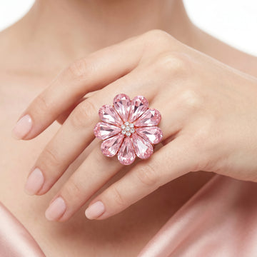 PRAO Ring Anti-Tarnish Pink Floral Crystal (Adjustable Size)