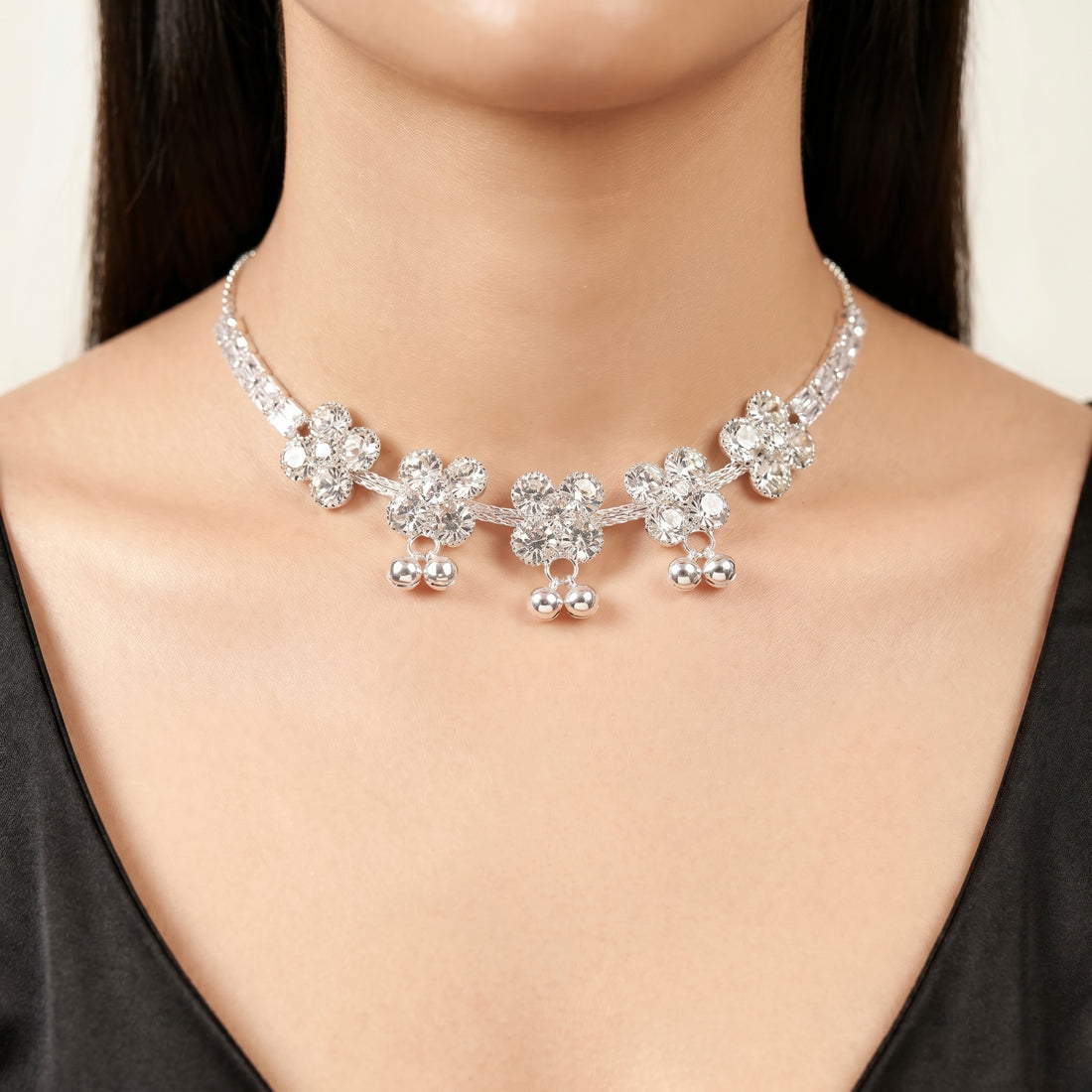 PRAO Necklace Anti-Tarnish Floral Cluster Set With Earrings