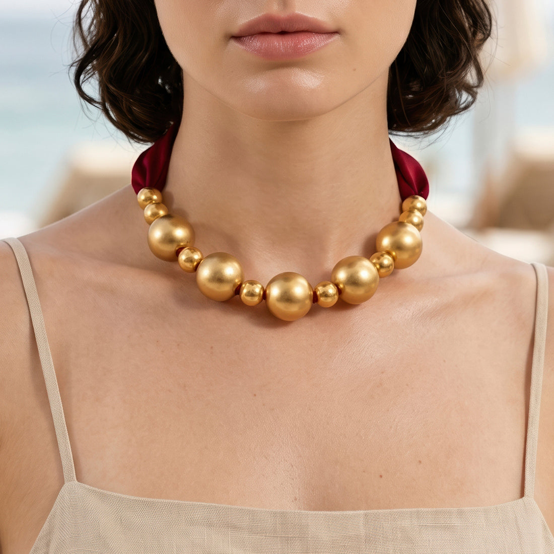PRAO Necklace Anti-Tarnish Maroon Fabric Pendant With Bead Accents