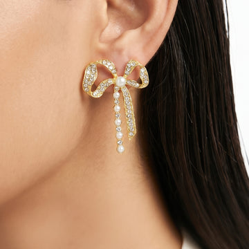 PRAO Earrings Anti-Tarnish  Bow Crystal Pearl Drop