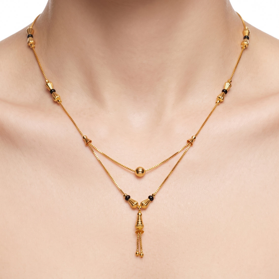 PRAO Necklace Anti-Tarnish Double-Layer Mangalsutra With Black Beads, Central Ball, And Drop Pendant