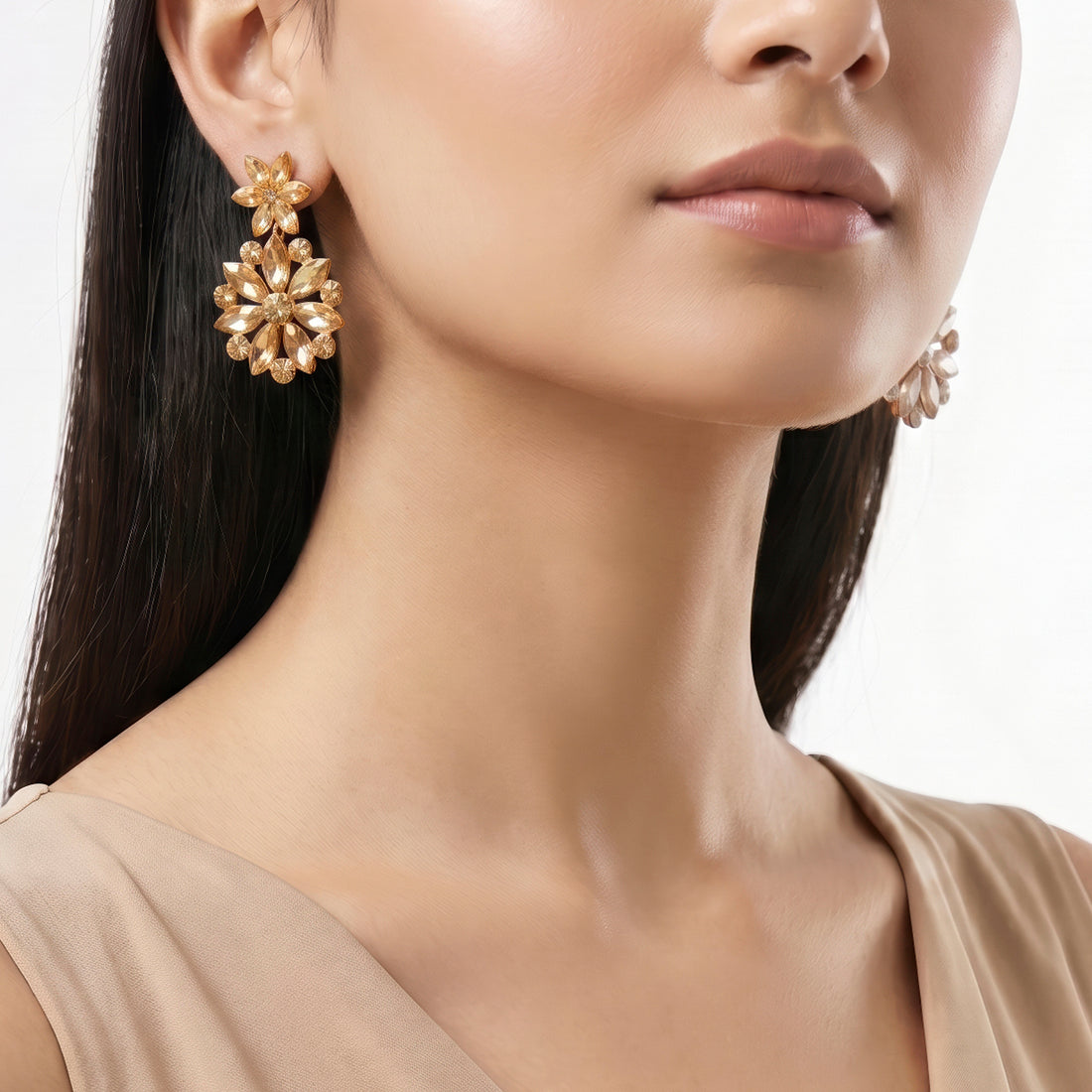PRAO Earrings Anti-Tarnish Floral Champagne Crystal Drop