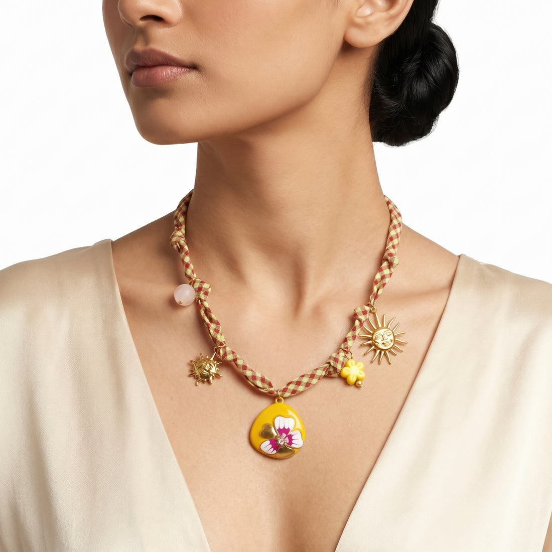 PRAO Necklace Anti-Tarnish Brown Checks Fabric Flower Pendant