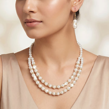 PRAO Necklace Anti-Tarnish Double-Layered Faux Pearl Set With Earrings