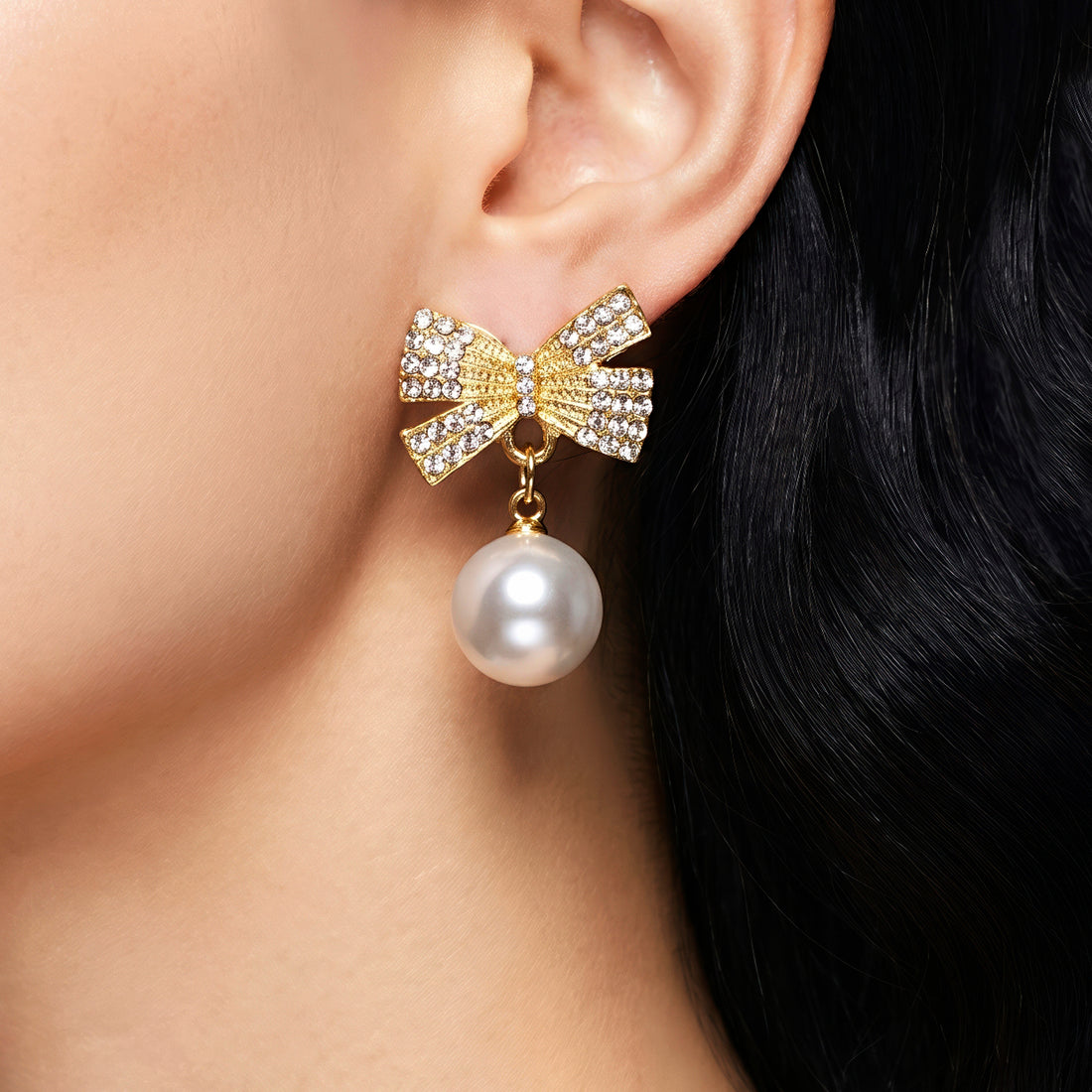 PRAO Earrings Anti-Tarnish Bow With Crystal And Pearl Accents