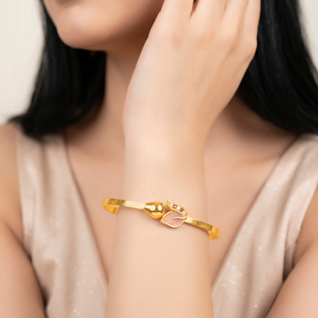 PRAO Bracelet Anti-Tarnish Leaf Motif Bangle With Pink Enamel And Gemstone Accents (Adjustable Size)