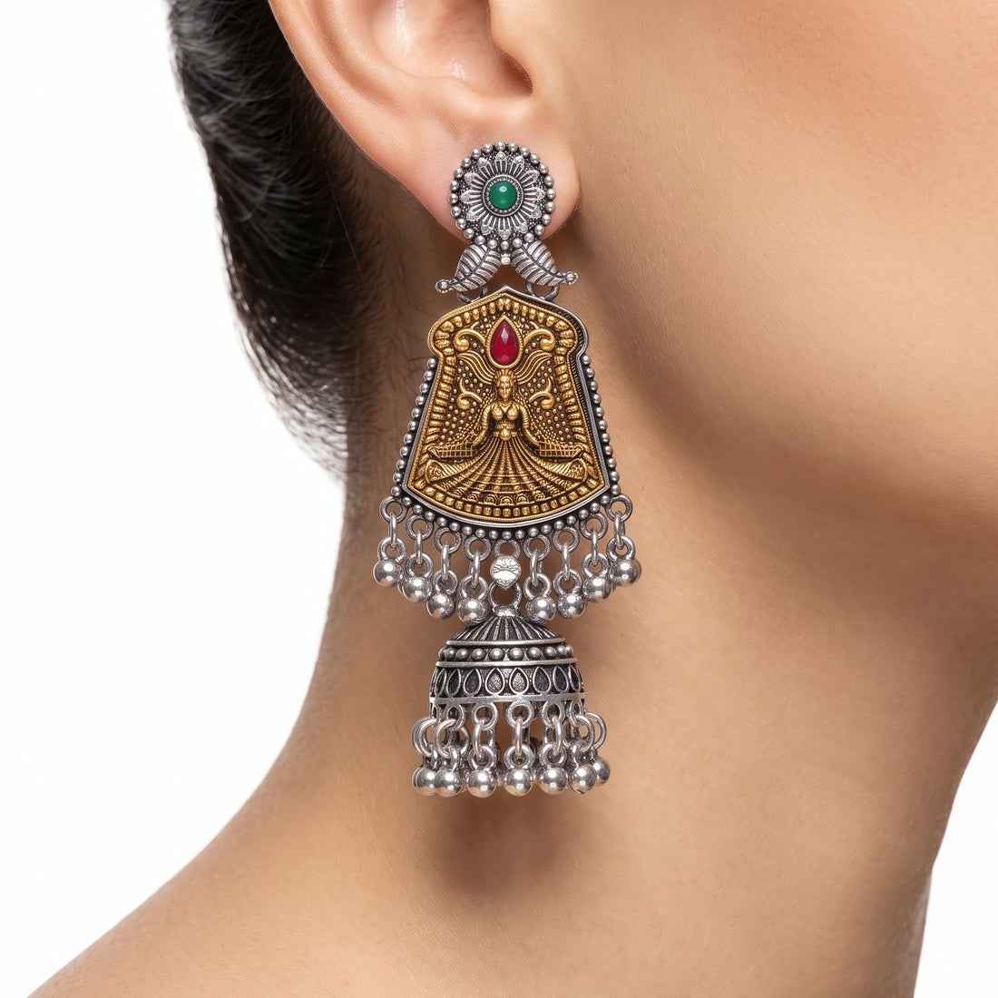 PRAO Earrings Anti-Tarnish Oxidized Dual Tone Jhumka Dangles With Floral Studs And Figurine Motif