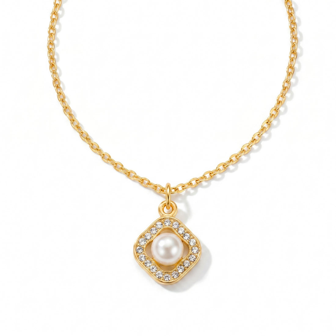 PRAO Necklace Anti-Tarnish Minimalist Square AD And Pearl Studded Pendant