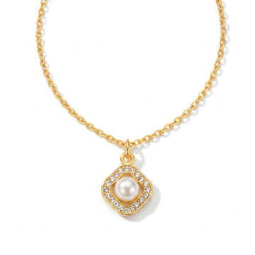 PRAO Necklace Anti-Tarnish Minimalist Square AD And Pearl Studded Pendant