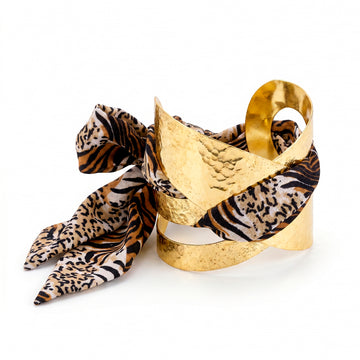 PRAO Bracelet Anti-Tarnish Hammered Golden Cuff With Tiger Print Silk Bow (Adjustable Size)