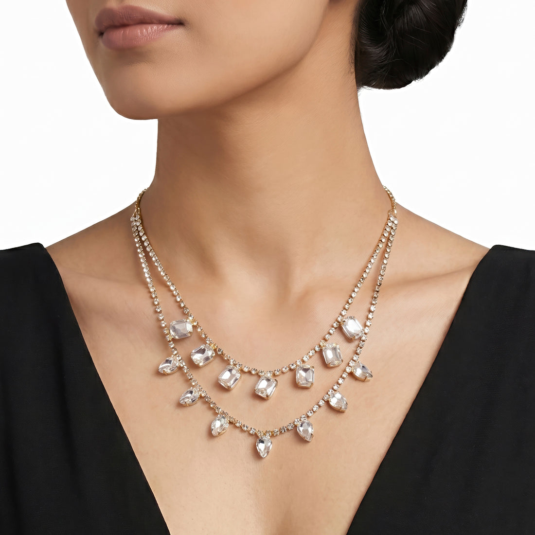 PRAO Necklace Anti-Tarnish Double-Layer Rectangle And Drop Crystal Charm
