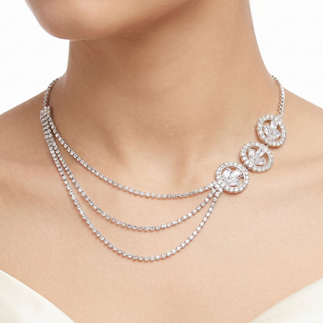 PRAO Necklace Anti-Tarnish Multi-Strand Rhinestone Set With Earrings