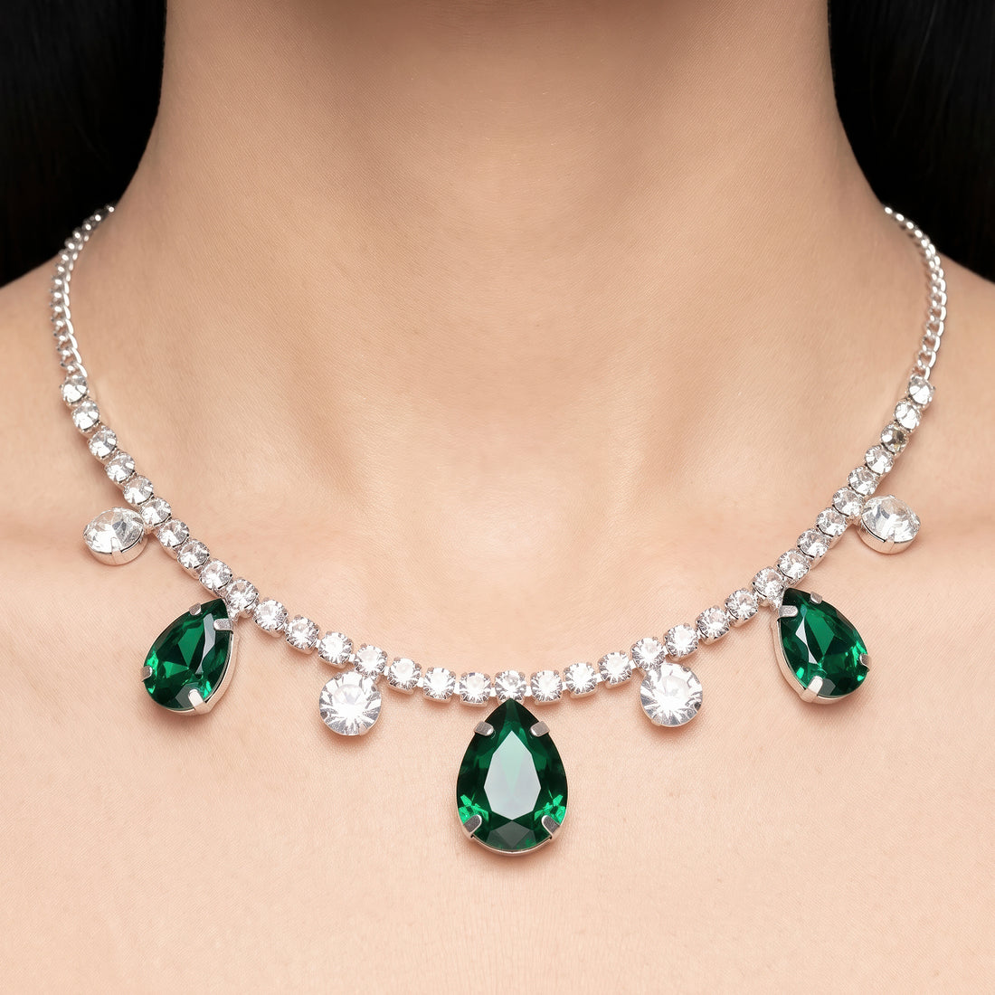 PRAO Necklace Anti-Tarnish Rhinestone Chain With Triple Emerald Teardrop Crystal Charms