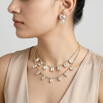 PRAO Necklace Anti-Tarnish Double Layer Crystal Charms Set With Earrings