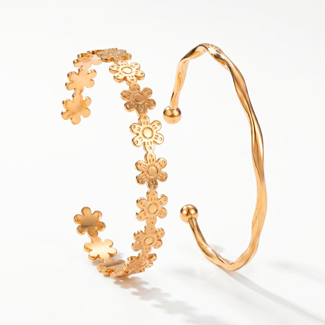PRAO 2 Bracelets Anti-Tarnish Flower Twisted Bangle (Adjustable Size)