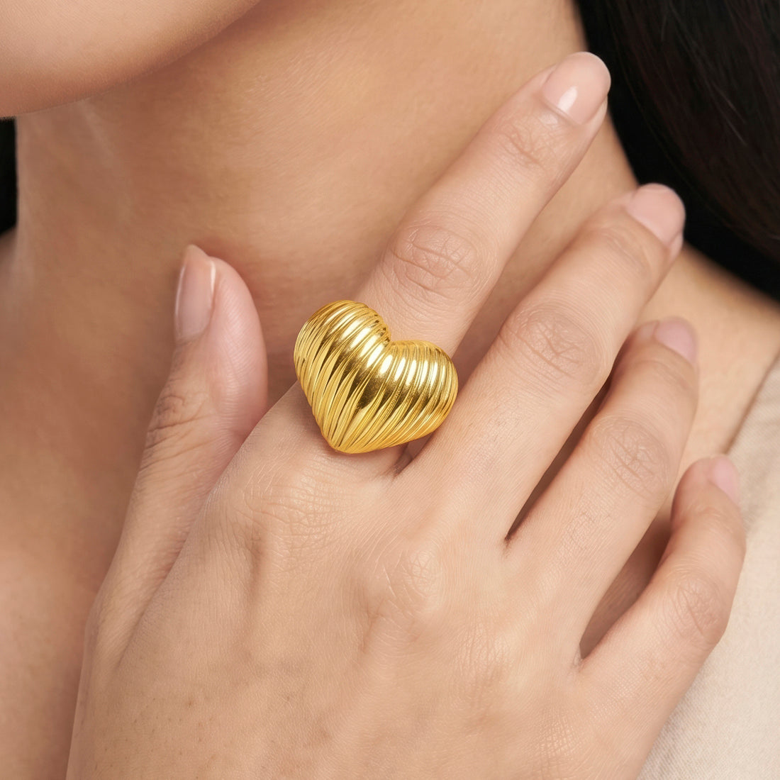 PRAO Ring Anti-Tarnish Ribbed Heart Shape (Adjustable Size)