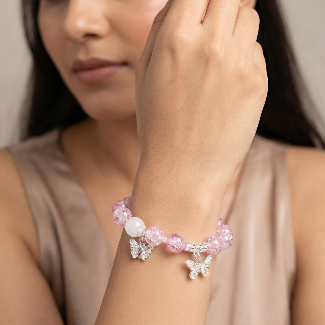 PRAO Bracelet Anti-Tarnish Pink Crackle Bead Butterfly (Adjustable Size)