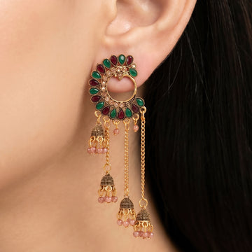 PRAO Earrings Anti-Tarnish Peacock Multi-Layered Stone Jhumka