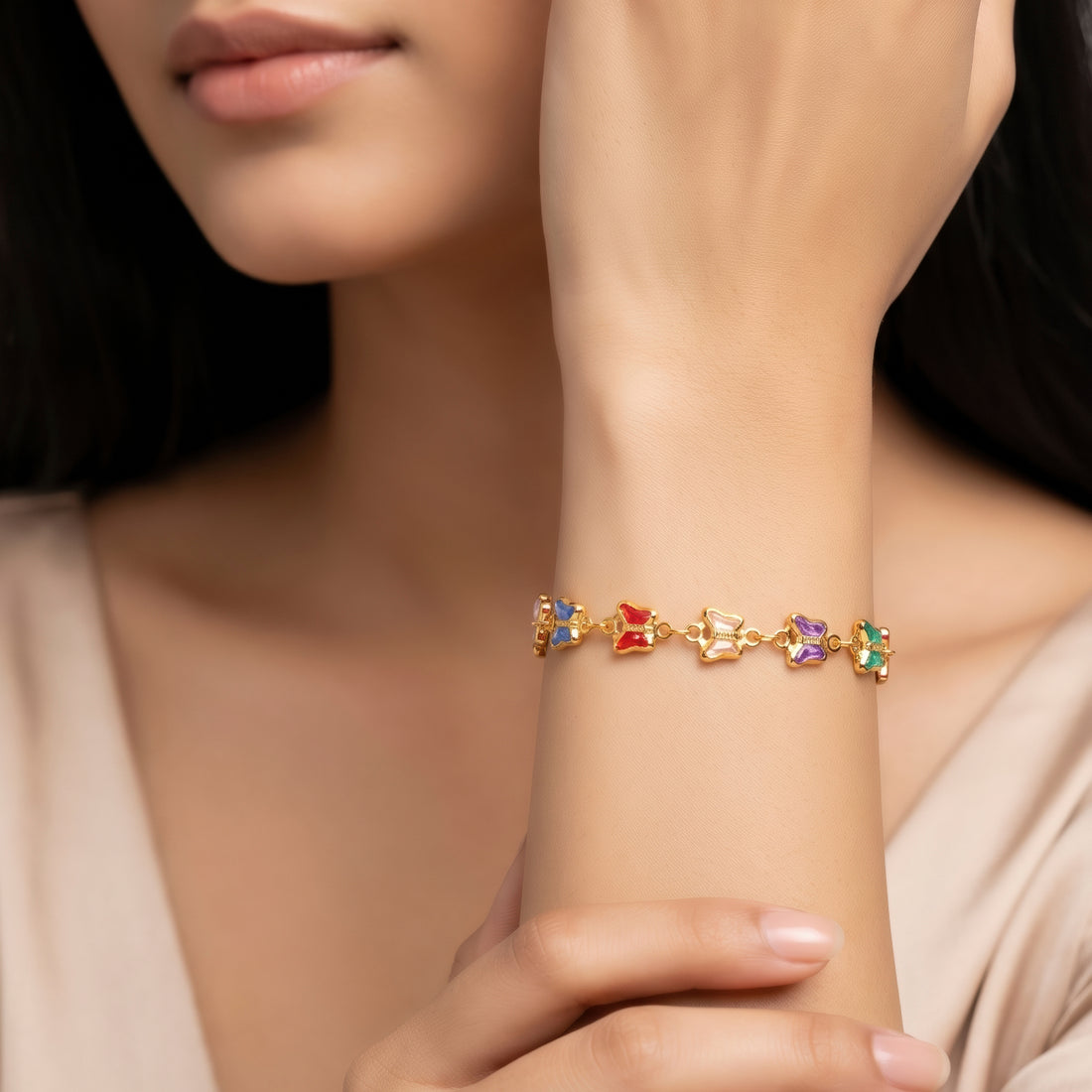 PRAO Bracelet Anti-Tarnish Link Chain With Multicolored Butterfly Charms (Adjustable Size)
