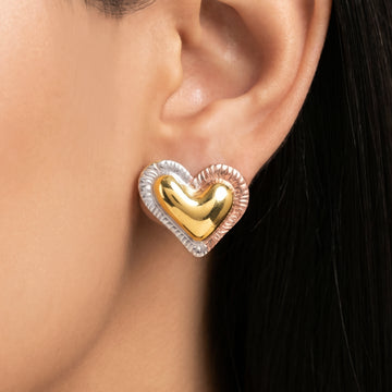 PRAO Earrings Anti-Tarnish Tri-Tone Heart Studs