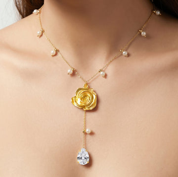 PRAO Necklace Anti-Tarnish Rose Lariat With Pearls And Teardrop Crystal