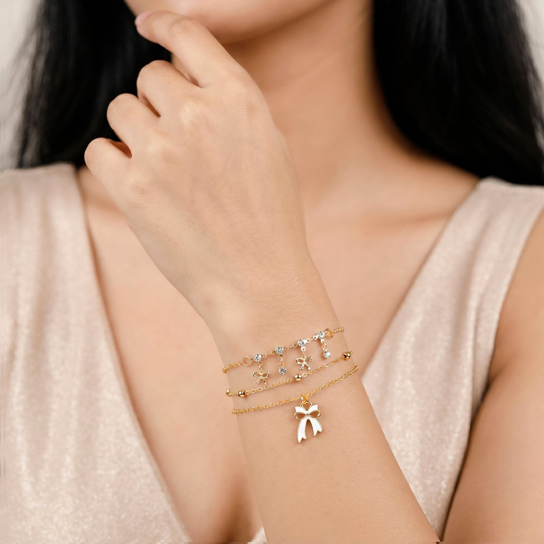 PRAO 3 Bracelet Anti-Tarnish Three-Piece Set With Bows And Crystal Accents (Adjustable Size)