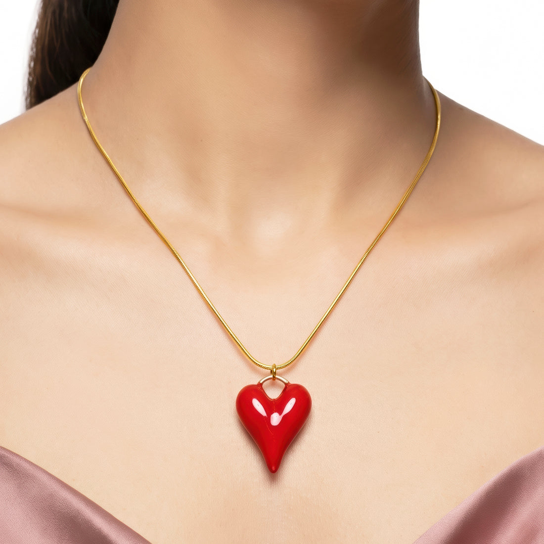 PRAO Necklace Anti-Tarnish Glossy Red Heart Pendant