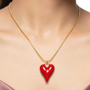 PRAO Necklace Anti-Tarnish Glossy Red Heart Golden Chain Pendant