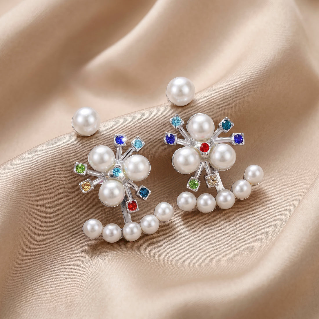PRAO Earrings Anti-Tarnish Convertible Multi Colored Bouqette Faux Pearl