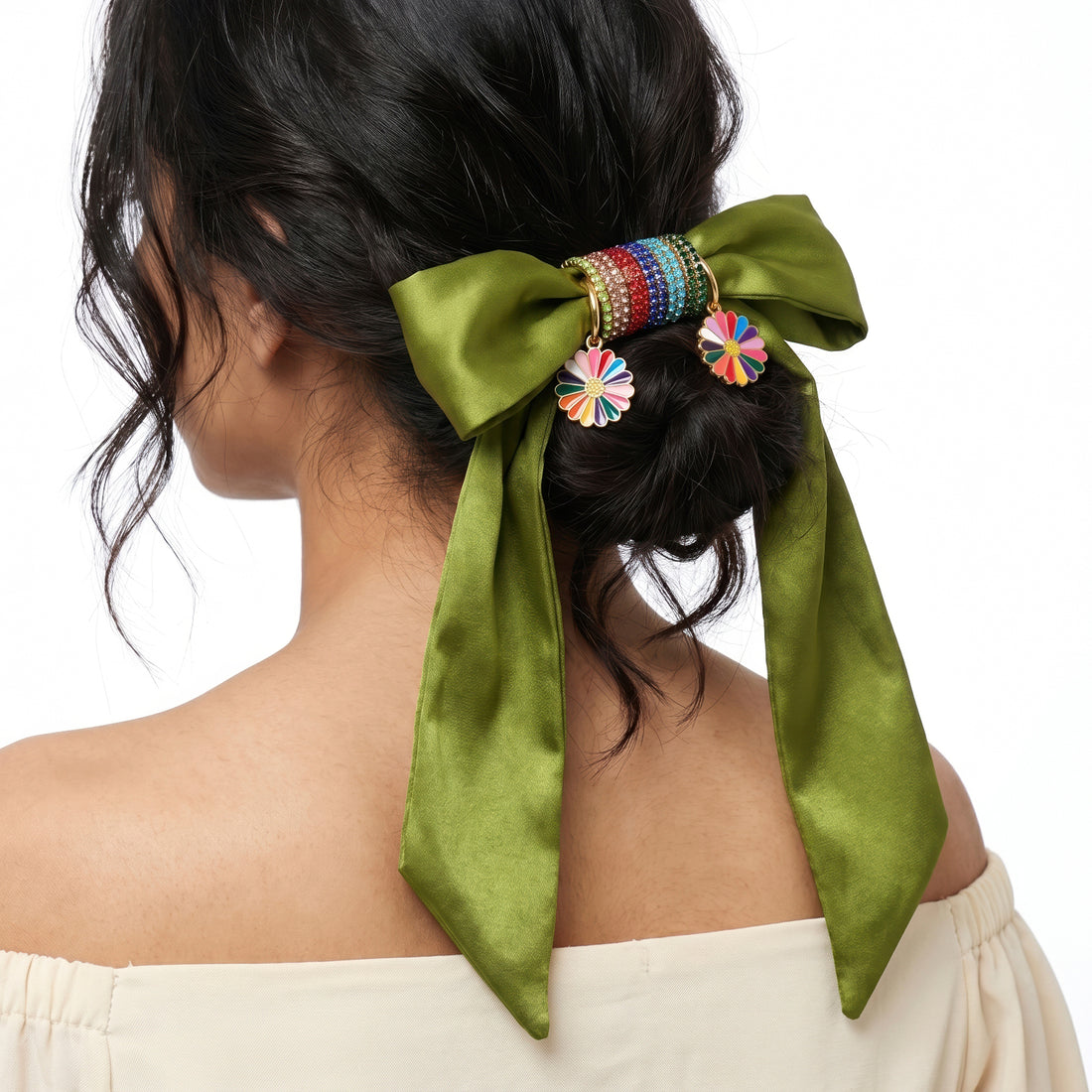 PRAO COMBO With Beaded Green Scarf Necklace & Floral Hoop Earrings Set