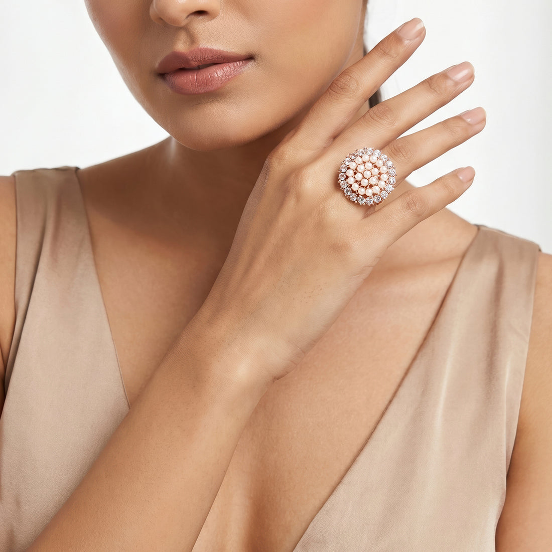 PRAO Ring Anti-Tarnish Pearl Cluster Halo (Adjustable Size)