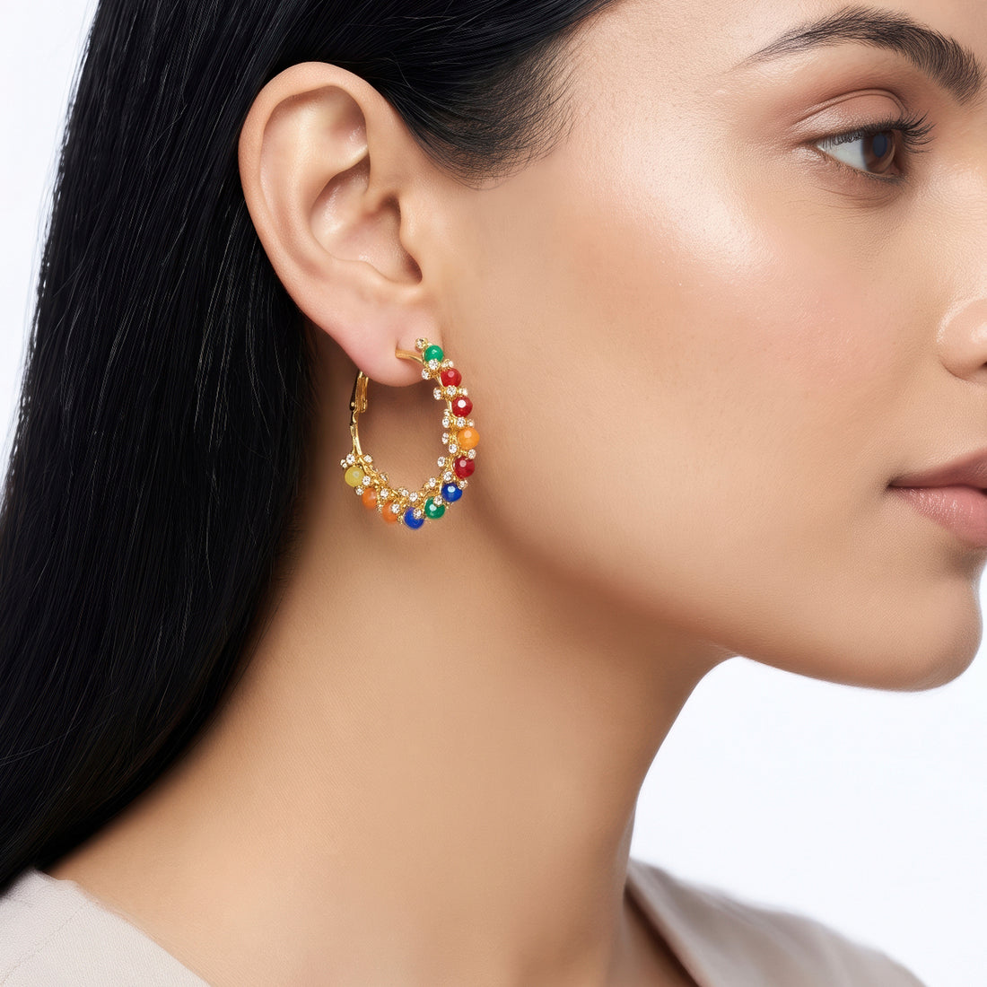 PRAO Earrings Anti-Tarnish Chunky Crystal-Interwoven Hoops With Multicolored Beads