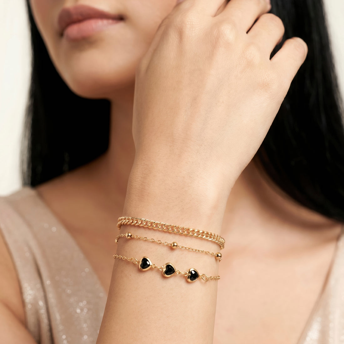 PRAO 3 Bracelet Anti-Tarnish Layered Set With Heart Charm And Cuban Link (Adjustable Size)
