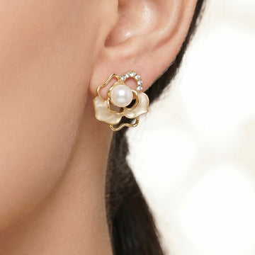 PRAO Earrings Anti-Tarnish Floral Studs With Pearl & Rhinestone Accents
