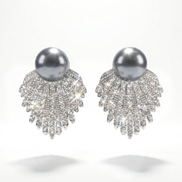 PRAO Earrings Anti-Tarnish Grey Pearl Leaf Crystal Studs