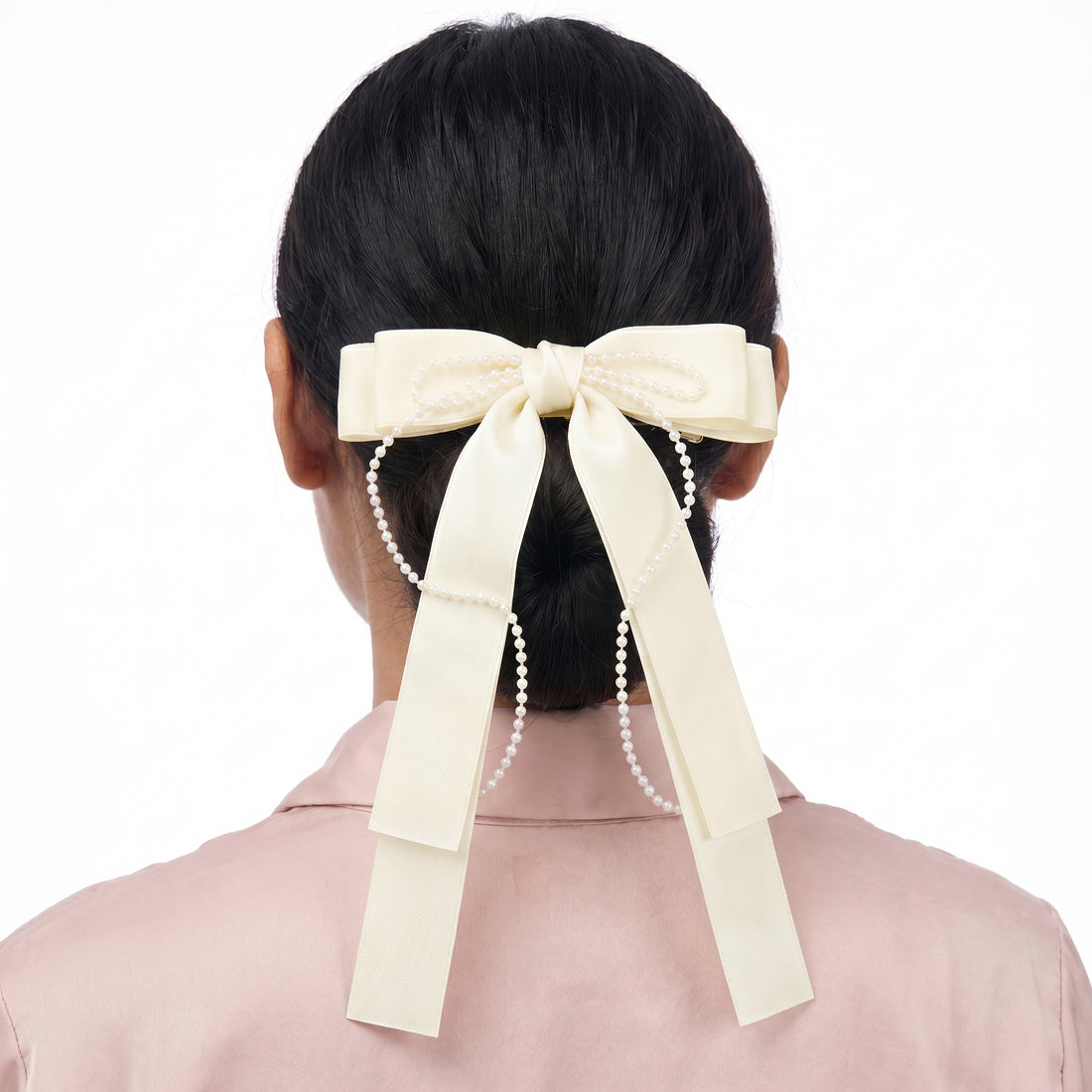 PRAO Hair Clip Anti-Tarnish Cream Satin Bow With Faux Pearls