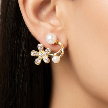 PRAO Earrings Anti-Tarnish Floral Faux Pearl Crystal Stud