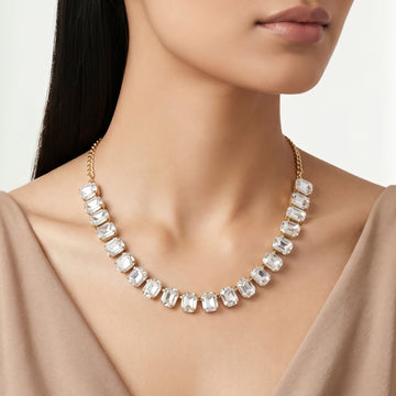 PRAO Necklace Anti-Tarnish White Emerald-Cut Crystal Single-Line
