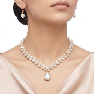 PRAO Necklace Anti-Tarnish Crystal Pearl Teardrop Set With Earrings