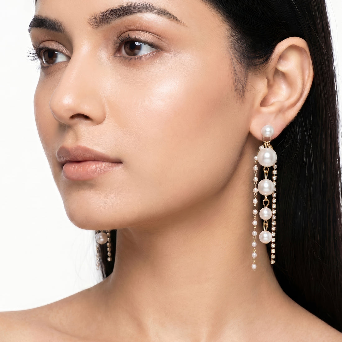 PRAO Earrings Anti-Tarnish Elegant Drop With Pearl Strands And Rhinestone Accents
