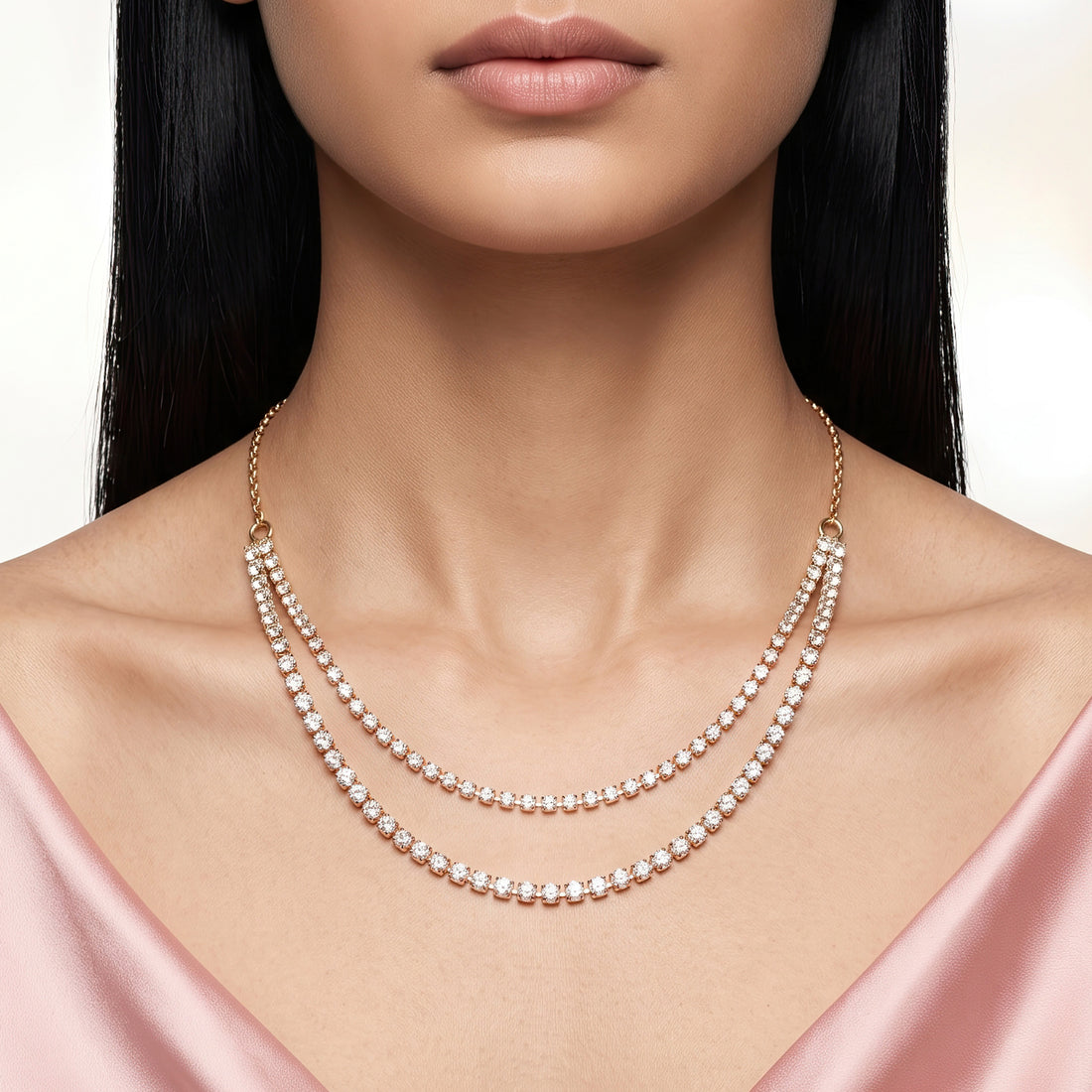 PRAO Necklace Anti-Tarnish Gold Plated Double-Layered AD Set
