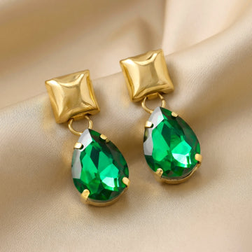 PRAO Earrings Anti-Tarnish Emerald Teardrop Dangle Earrings With Square Studs