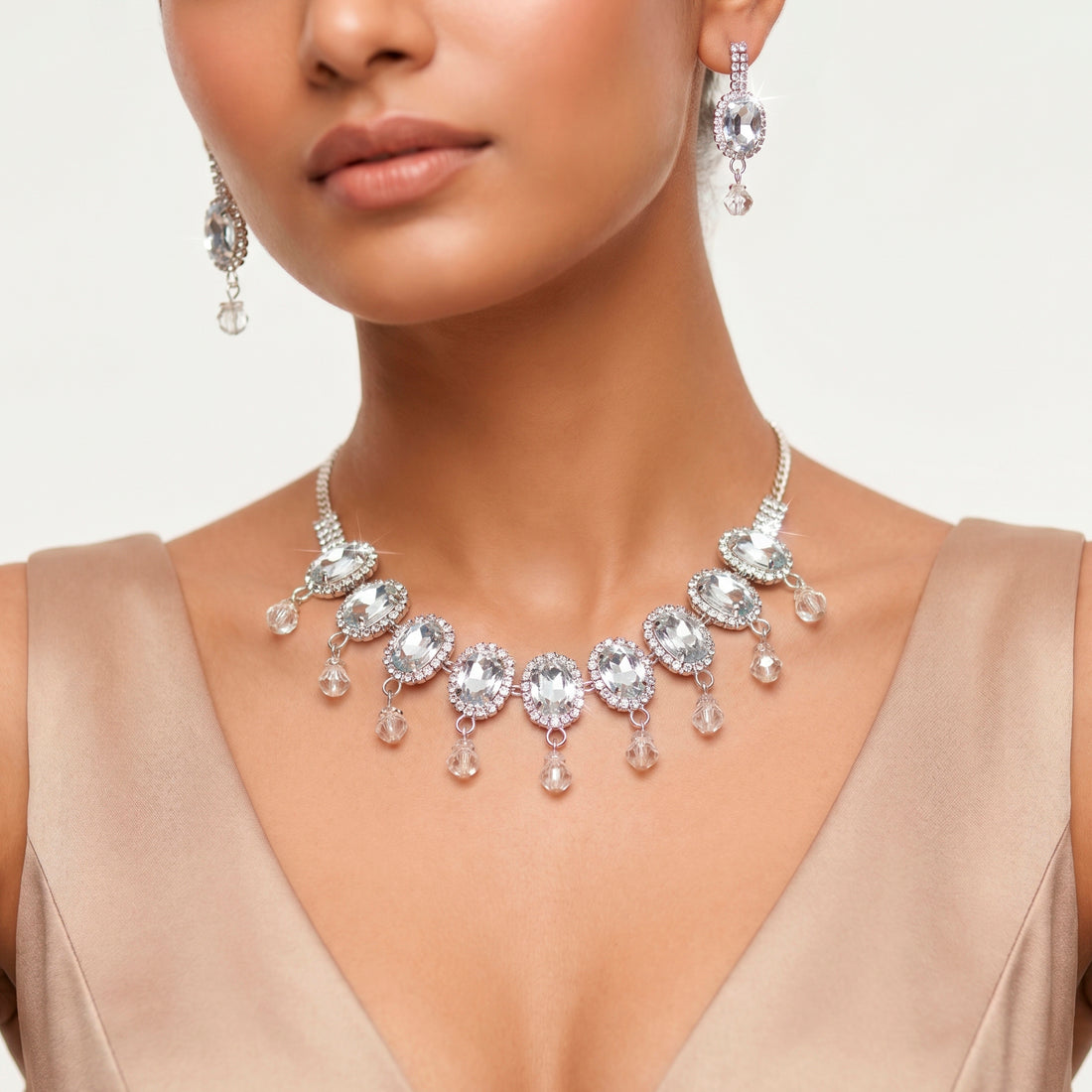 PRAO Necklace Anti-Tarnish Oval Crystal Set With Earrings
