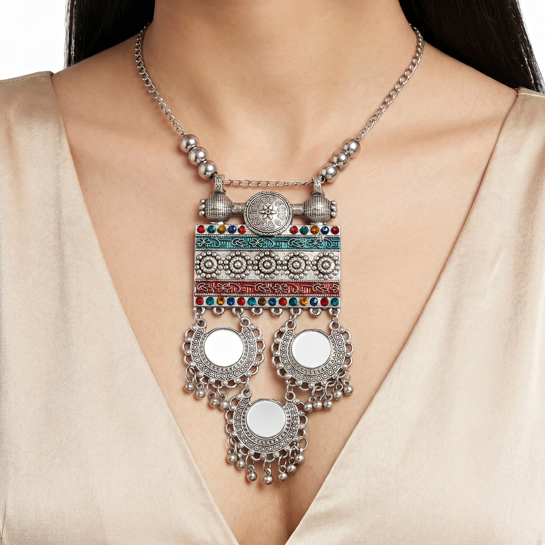 PRAO Necklace Anti-Tarnish Oxidised Geometric Enamel Mirror Set With Earrings